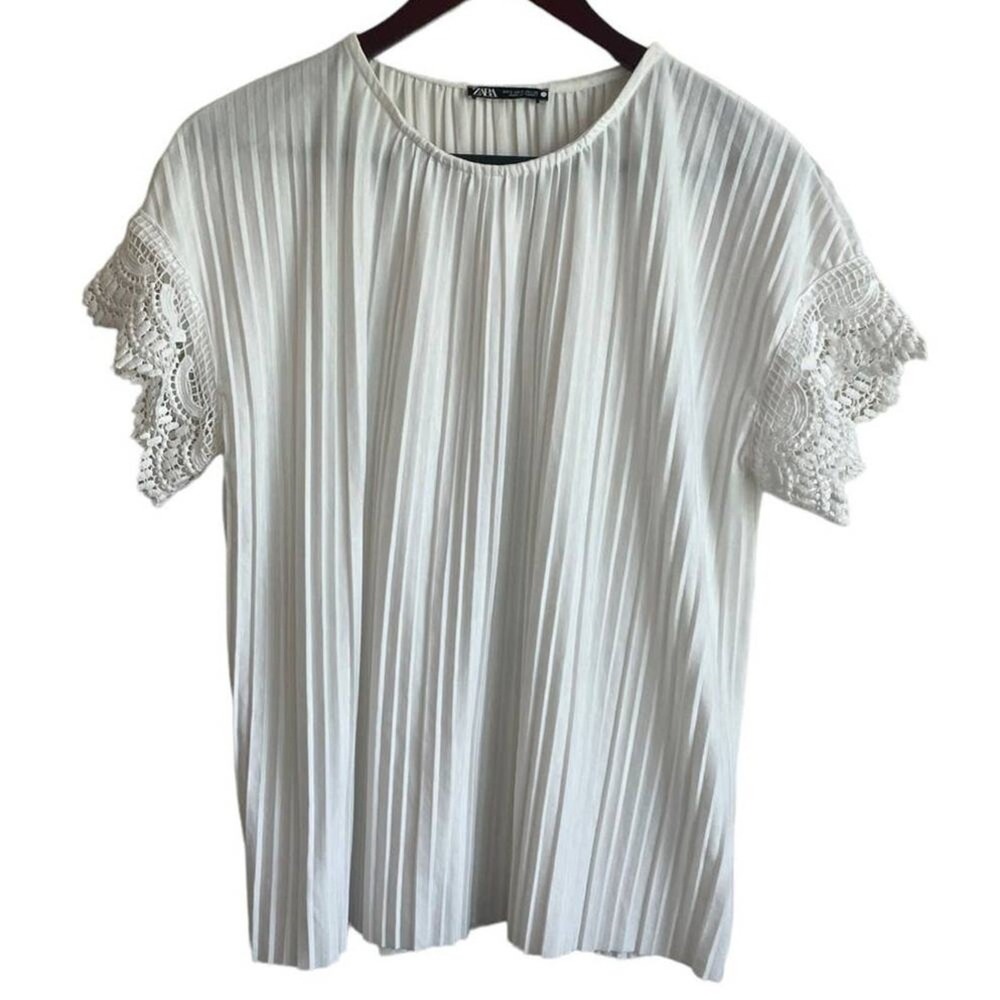 Zara‎ Women Blouse S White Pleated Crochet Flutter Sleeve Romantic Fairycore